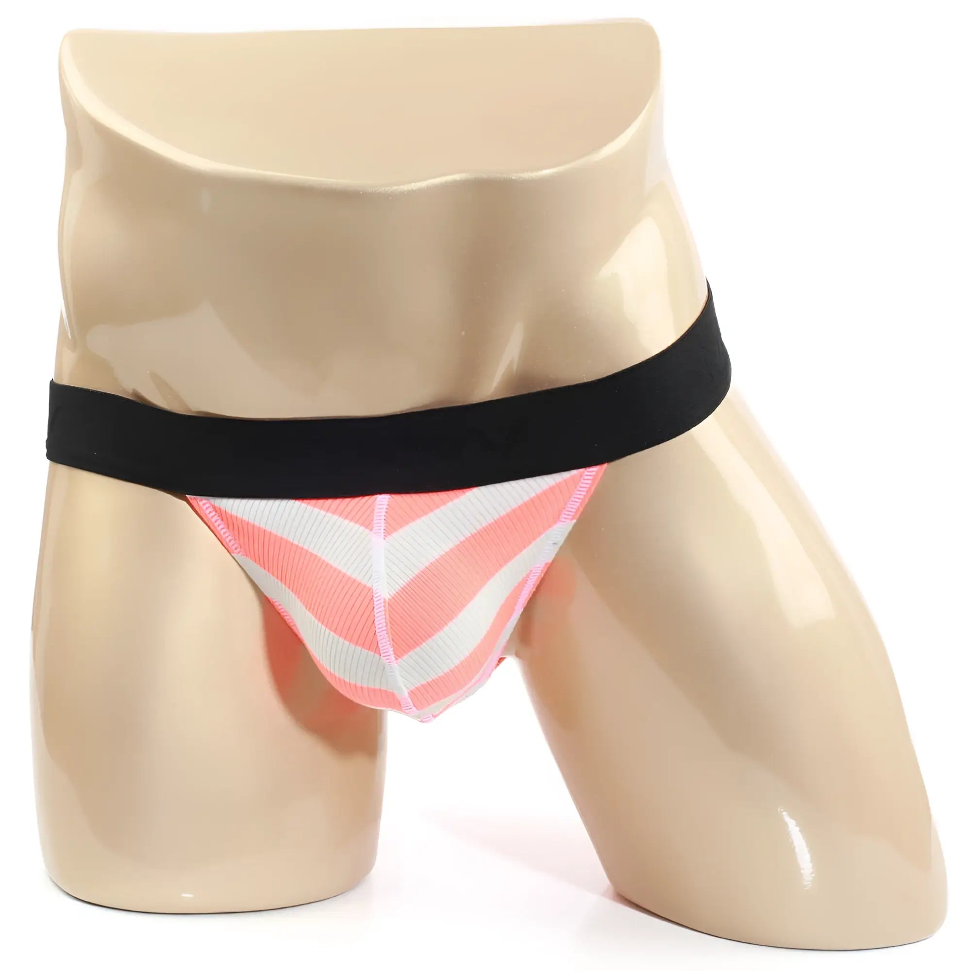 Pink and white chevron-patterned athletic briefs with black elastic waistband from metromalewear candy bikini neon orange 3004-74