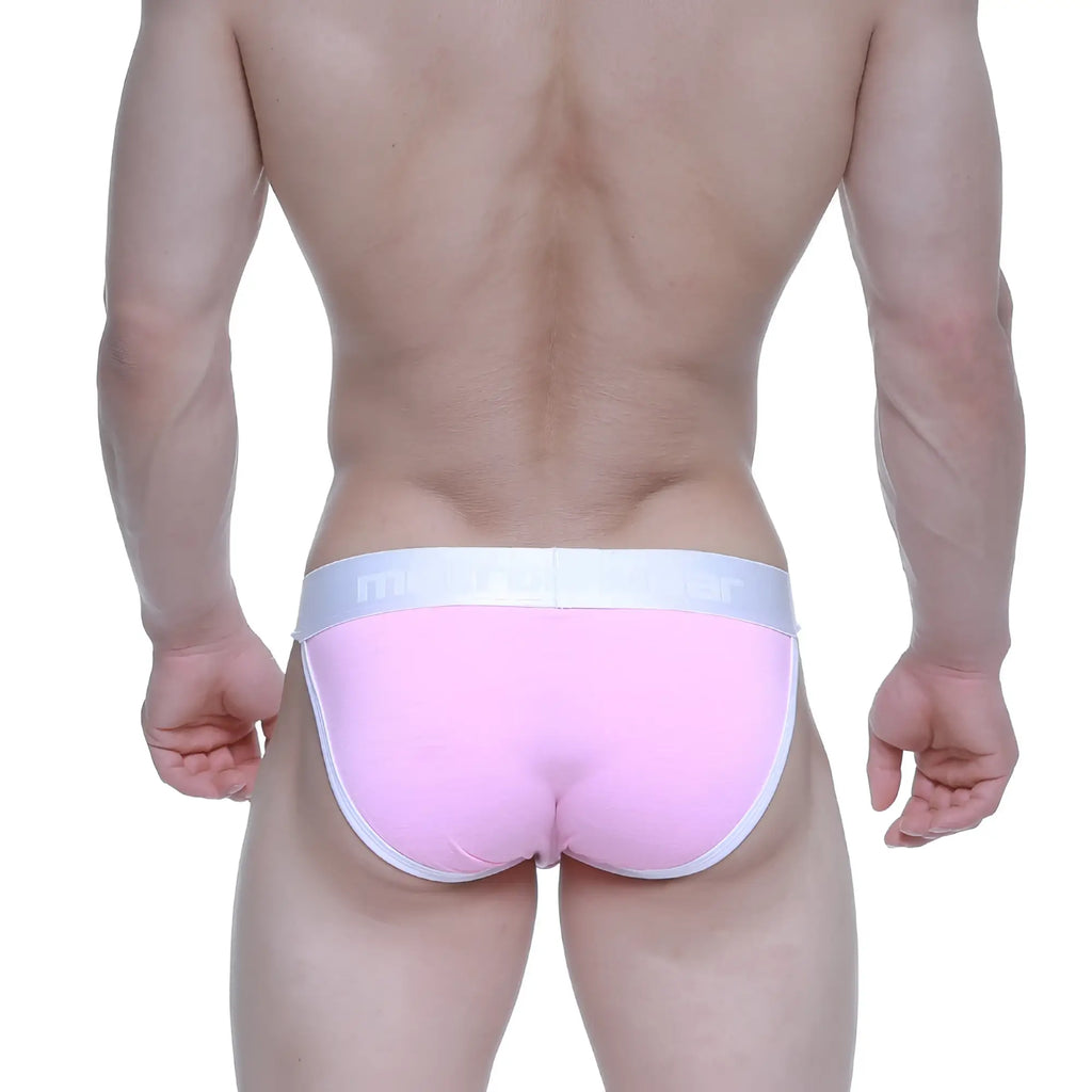 Pink briefs with white elastic waistband featuring metroamalewear brand name from candy coated pink bikini 3004-25