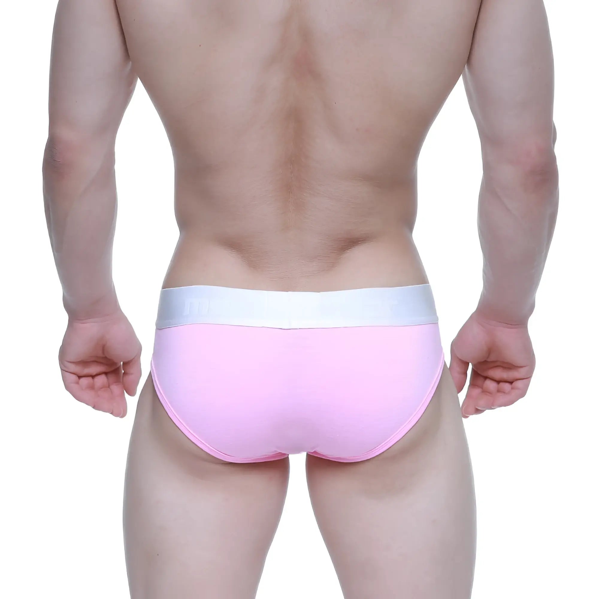 Pink briefs with white elastic waistband metroMalewear candy coated pink hip brief 8003-02 front view