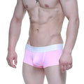 Pink men’s briefs with white elastic waistband featuring etromale logo in gray from metromalewear candy coated trunk