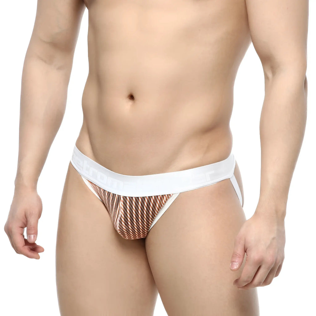 White and brown striped men’s briefs with white elastic waistband from metromalewear candy jockstraps 2901-43