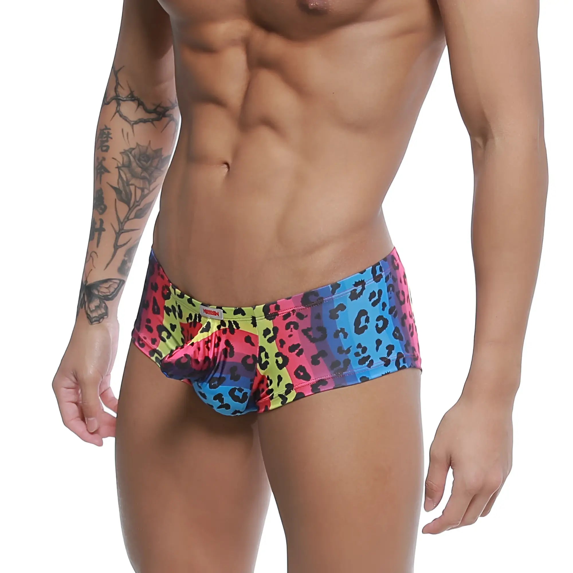 Metro malewear cannon boxer neon 2213-05 vibrant multicolored leopard-print swim trunks with pink blue and yellow gradient