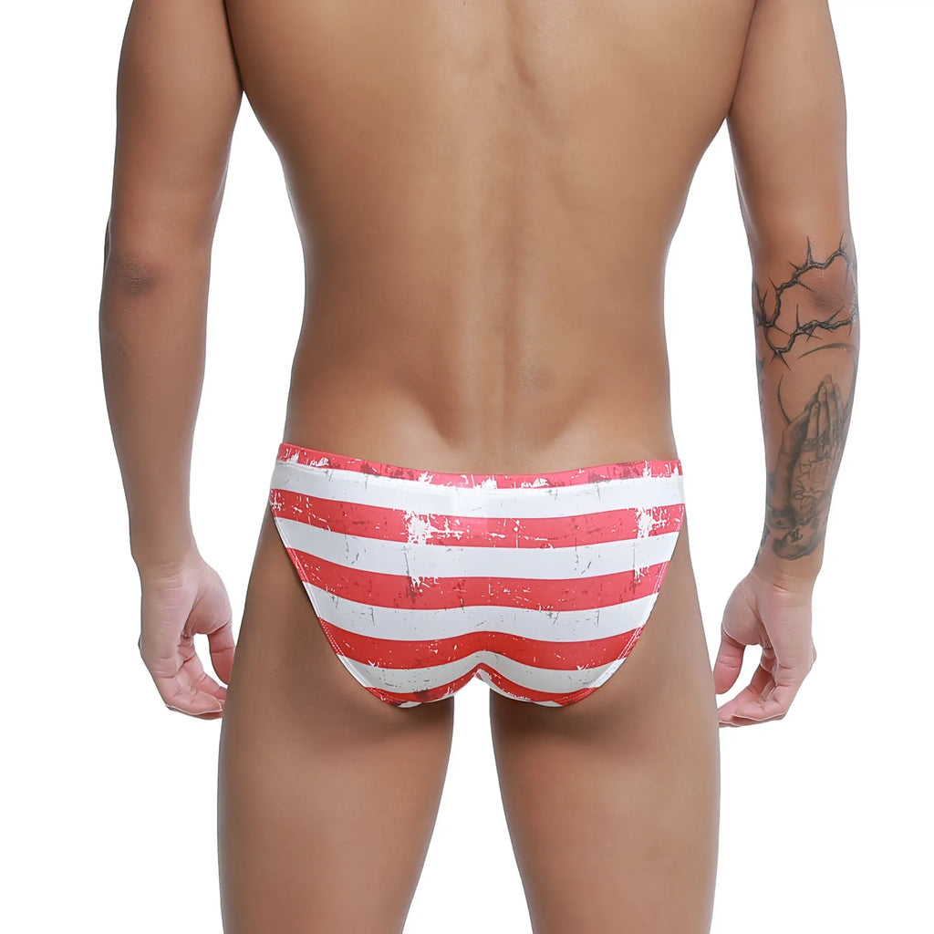 Metro male wear cannon hip brief batalla 2203-92 red and white striped distressed vintage swim trunks