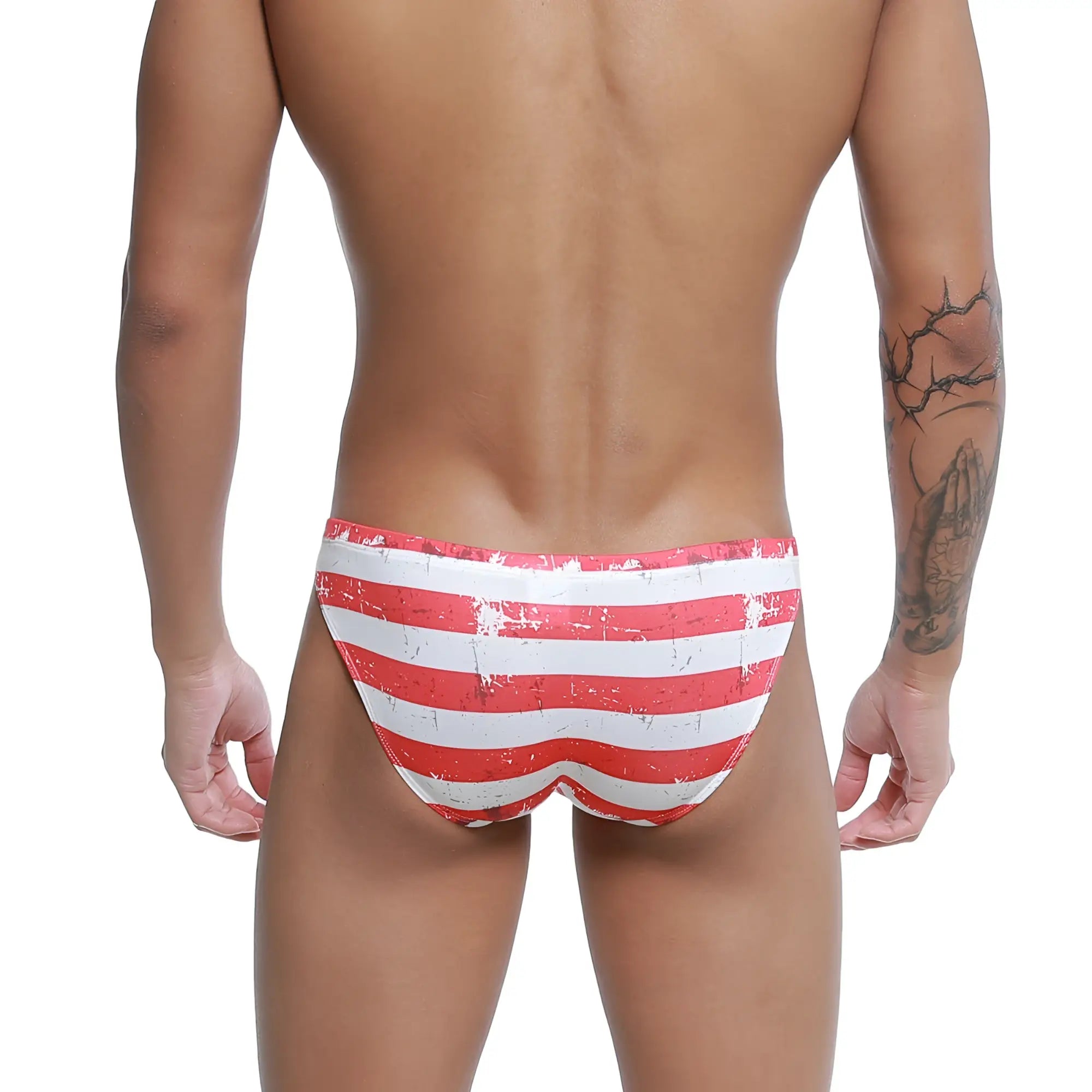 Metro male wear cannon hip brief batalla 2203-92 red and white striped distressed vintage swim trunks