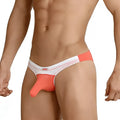 Coral and white patterned men’s briefs with supportive molded design metro male wear cannon hip brief contrast coral