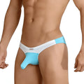 Light blue and white MetroMaleWear Cannon hip brief thong with perforated waistband for a breathable fit