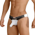 Metro malewear cannon hip brief with black and white polka dot mesh and solid white front panel featuring mawon label