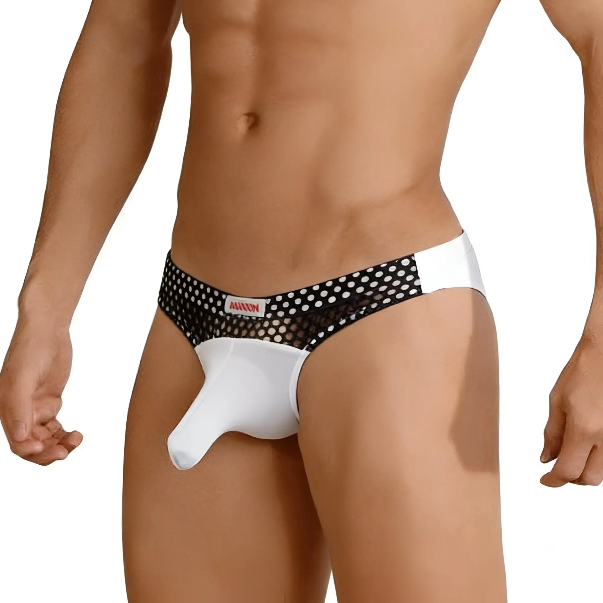 Metro malewear cannon hip brief with black and white polka dot mesh and solid white front panel featuring mawon label