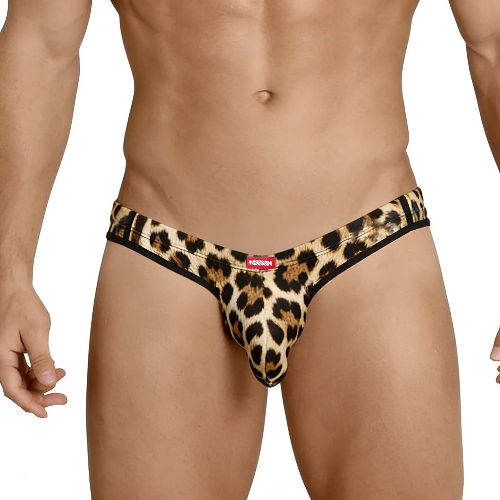 MetroMaleWear cannon thong animal 2202-60 leopard-print men’s thong with black trim and red brand tag visible