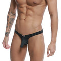 Black form-fitting MetroMaleWear Cannon thong with supportive pouch and elastic waistband for comfortable wear