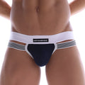 Navy blue and white striped men’s briefs with a branded waistband from MetroMaleWear Canoa Jock Strap Navy 3011-28