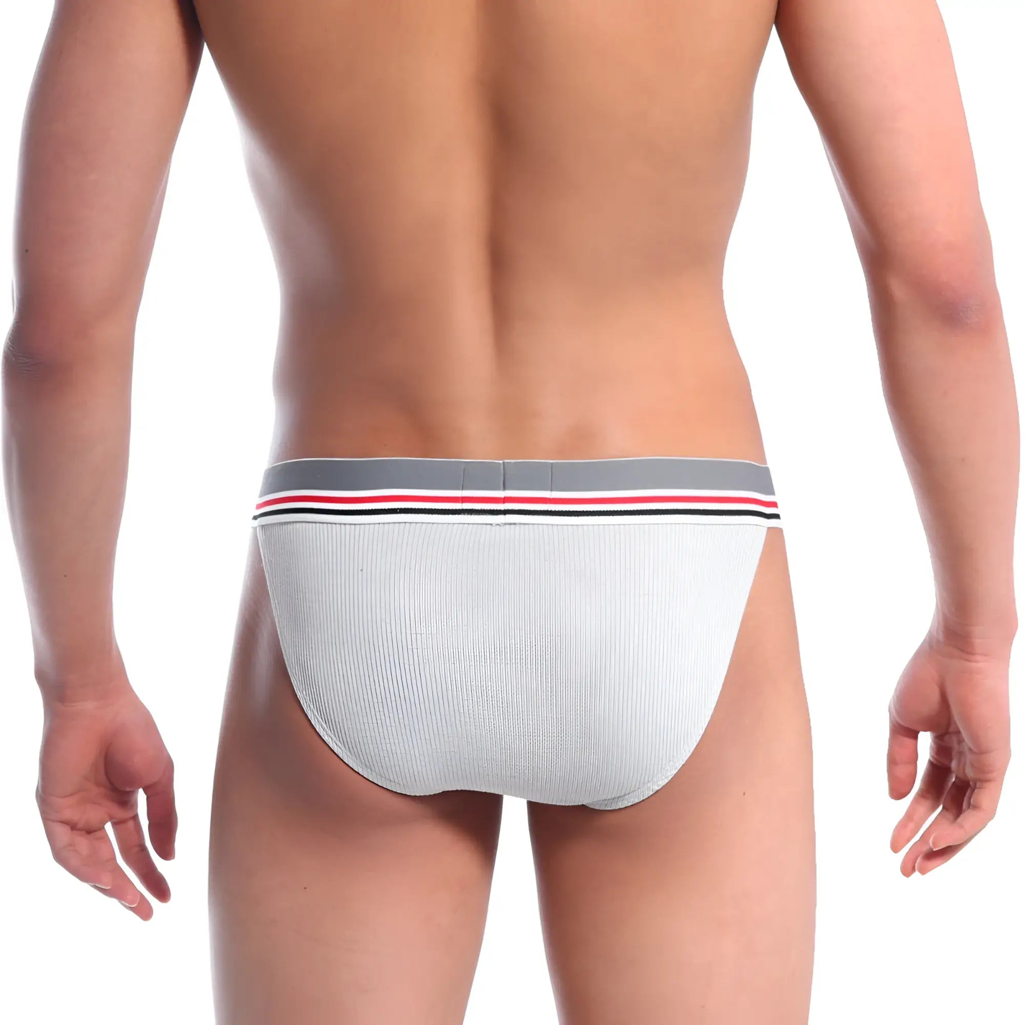 White ribbed briefs with gray waistband featuring red and black stripes from metromalewear canon bikini gray 3004-50