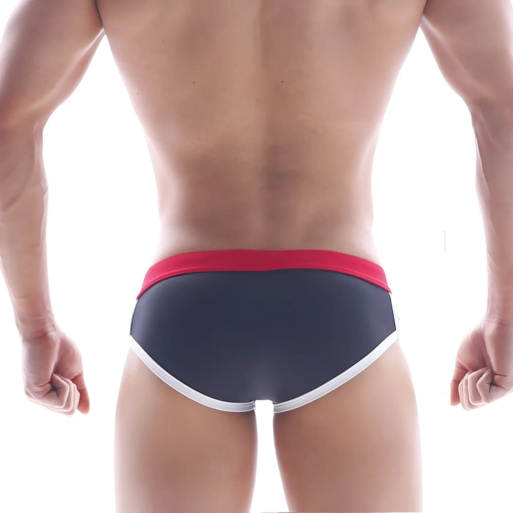 MetroMaleWear capas swim brief in black with dark gray fabric red waistband and white trim for swimming