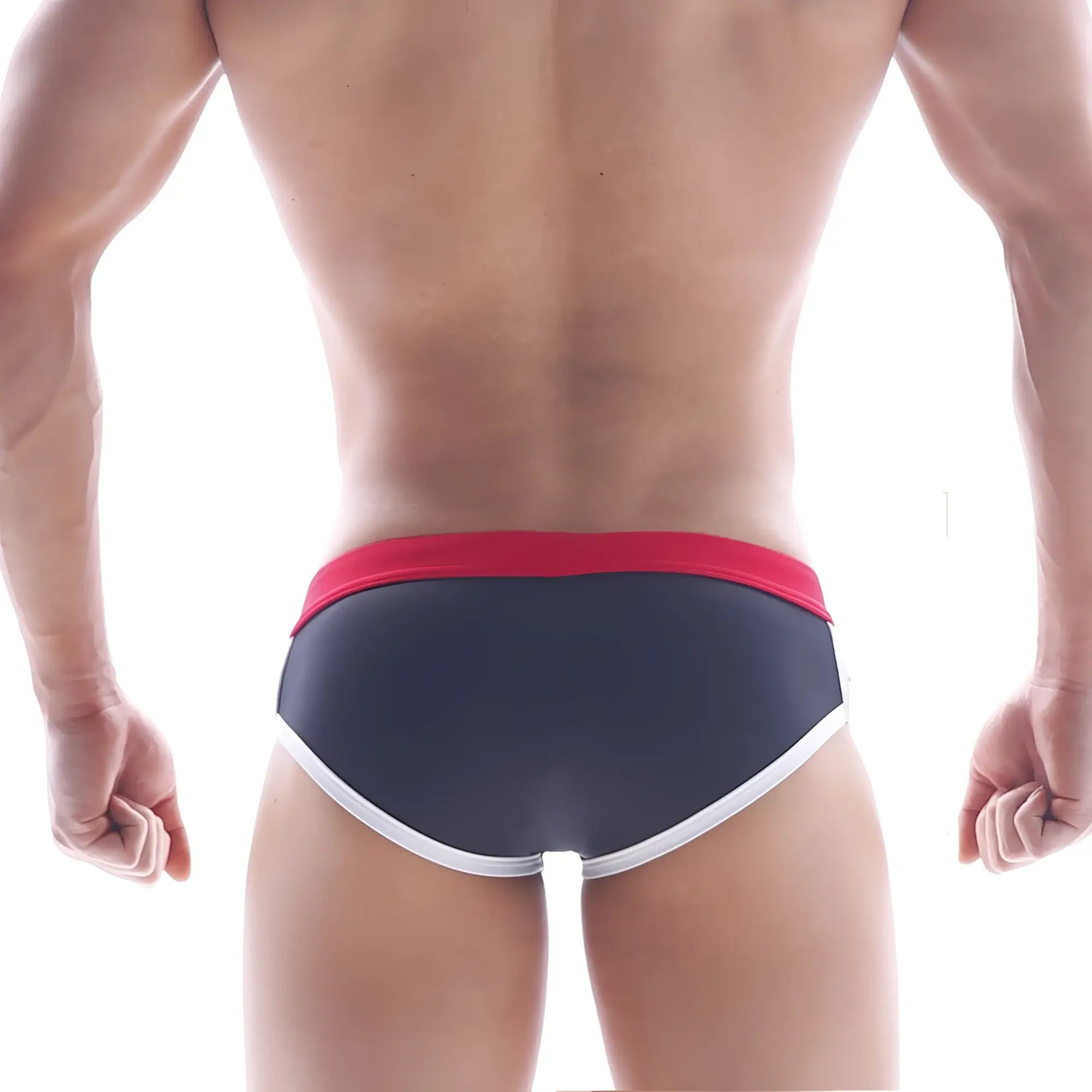 MetroMaleWear capas swim brief in black with dark gray fabric red waistband and white trim for swimming