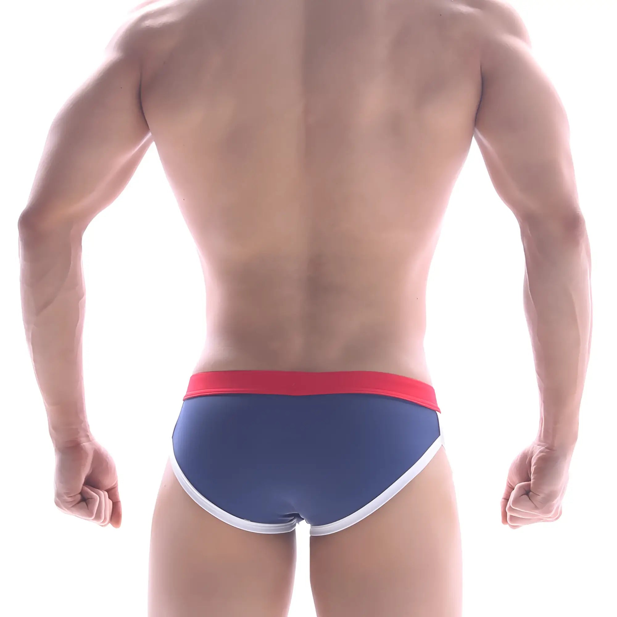 MetroMaleWear capas swim brief navy blue with red waistband and white trim for comfortable swimming use