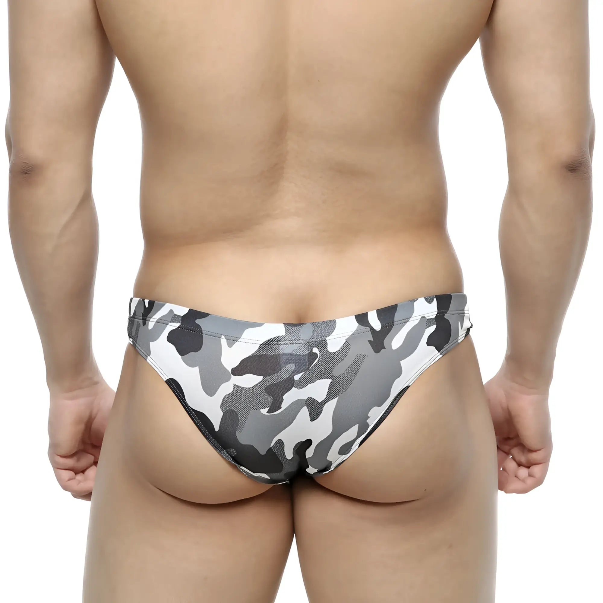 MetroMalewear capri bikini swim trunks in gray and white camouflage pattern designed for active use
