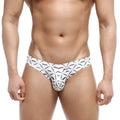 White men’s briefs by metromalewear featuring bold black geometric patterns with stylized mustaches and abstract shapes