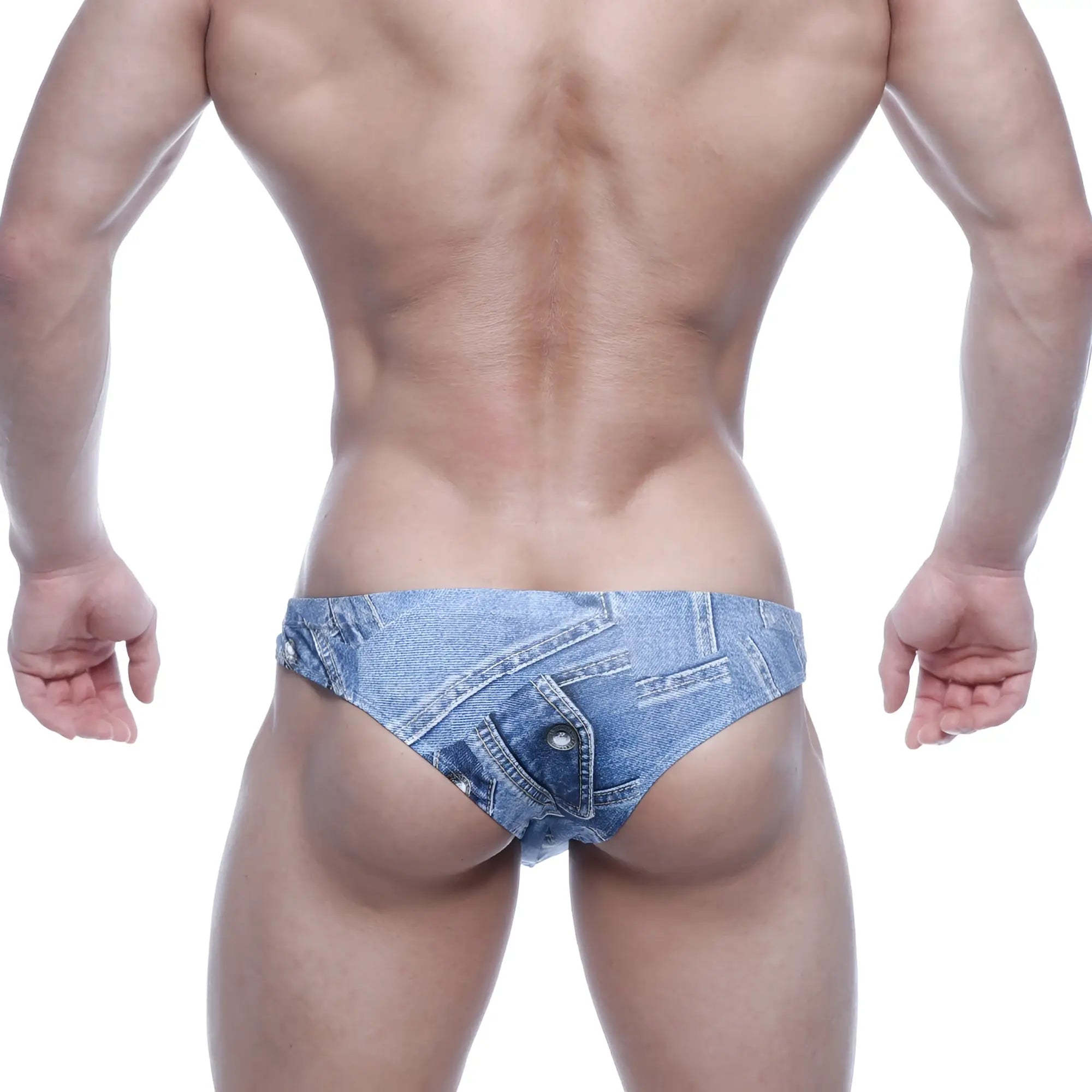 Blue denim-patterned briefs with faux pocket and button detail from MetroMaleWear Capri Bikini Denim Blue 6103-45