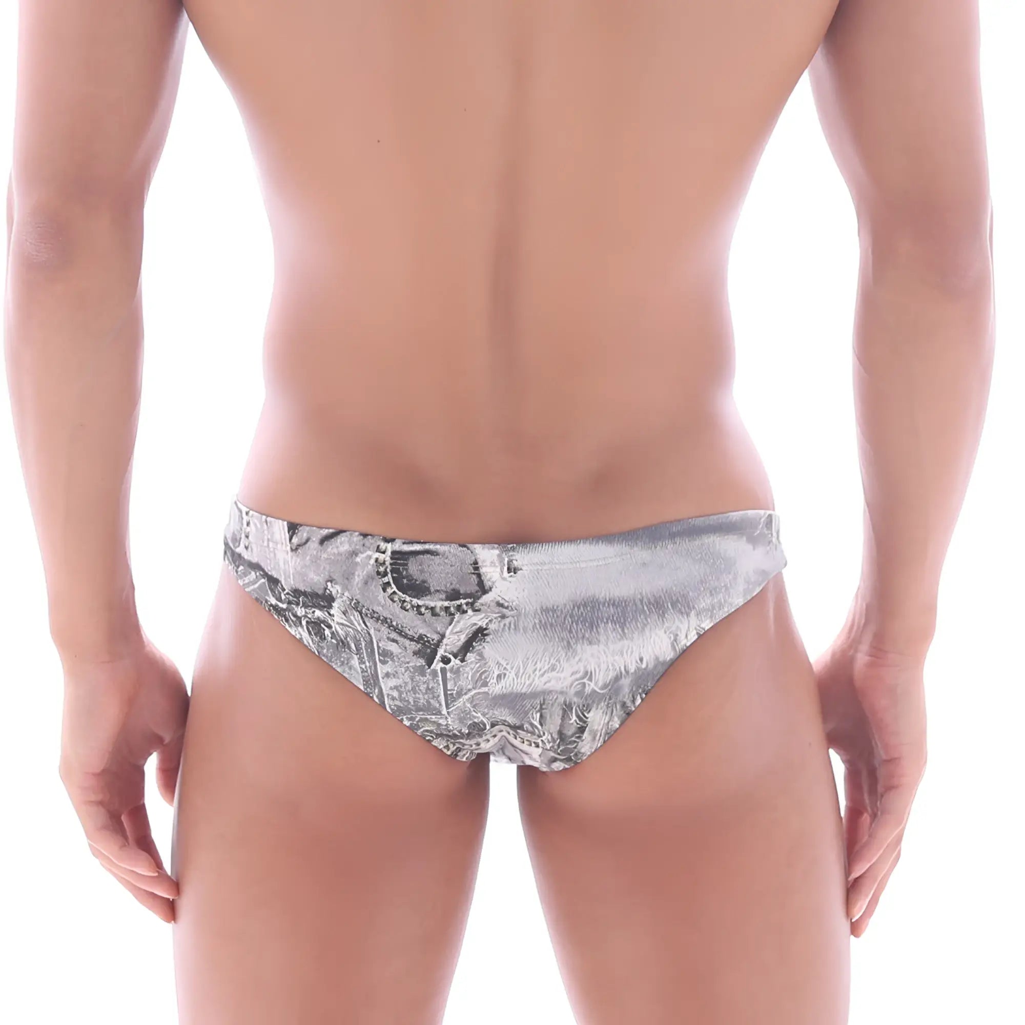Gray and white patterned swim trunks with a detailed vintage currency design metroMaleWear Capri bikini denim grey 6103-47