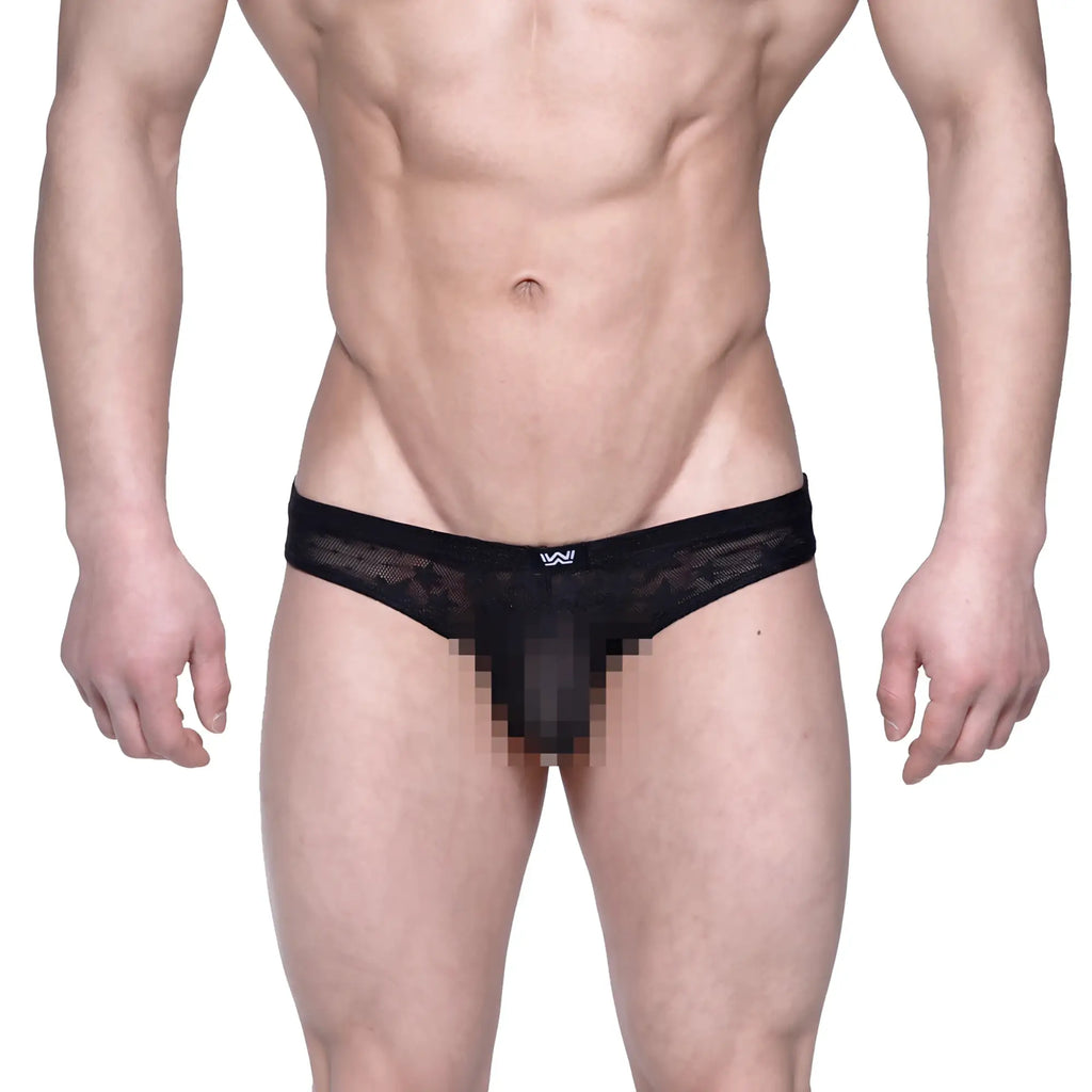 MetroMaleWear Capri bikini star black thong with subtle mesh texture and small white logo on waistband front view