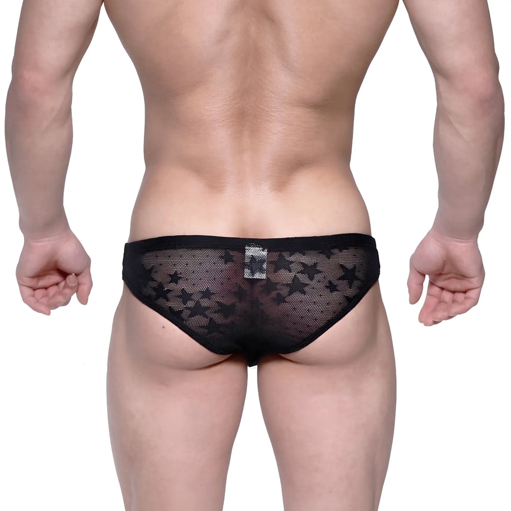 MetroMaleWear Capri bikini star black 6103-51 mesh briefs with black star pattern front view