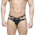 Black mens thong featuring two crossed white sup branded waistbands in metroamalewear cara jock strap black 1031-20