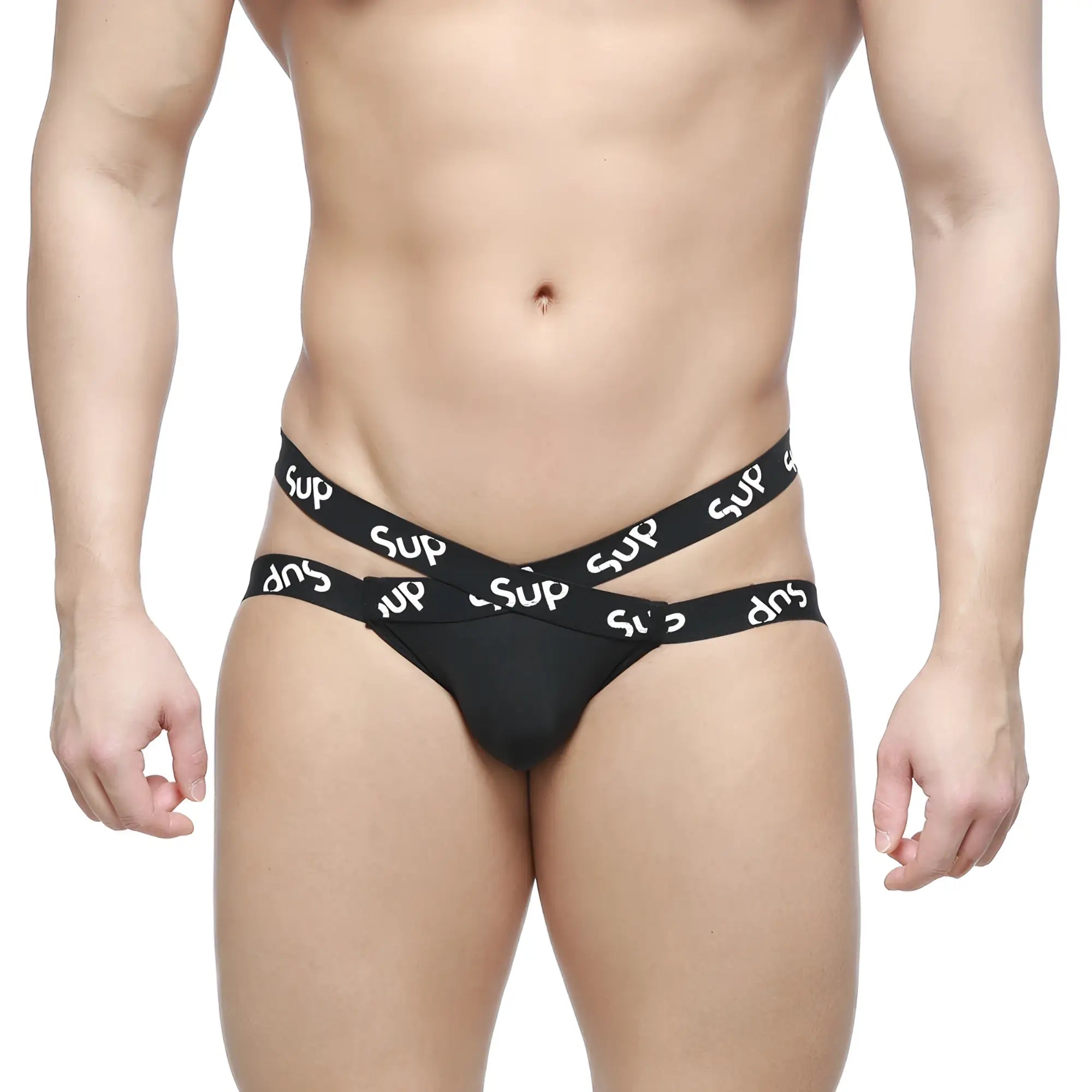 Black mens thong featuring two crossed white sup branded waistbands in metroamalewear cara jock strap black 1031-20