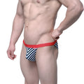 MetroMaleWear Caramelo bikini briefs in black with white chevron pattern and red elastic waistband