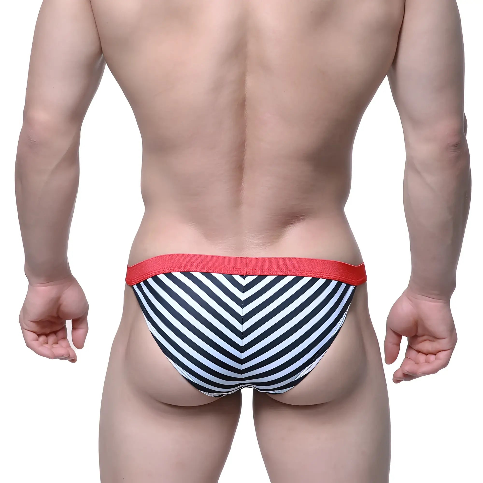 MetroMaleWear Caramelo Bikini black swim trunks with black and white chevron stripes and a red elastic waistband