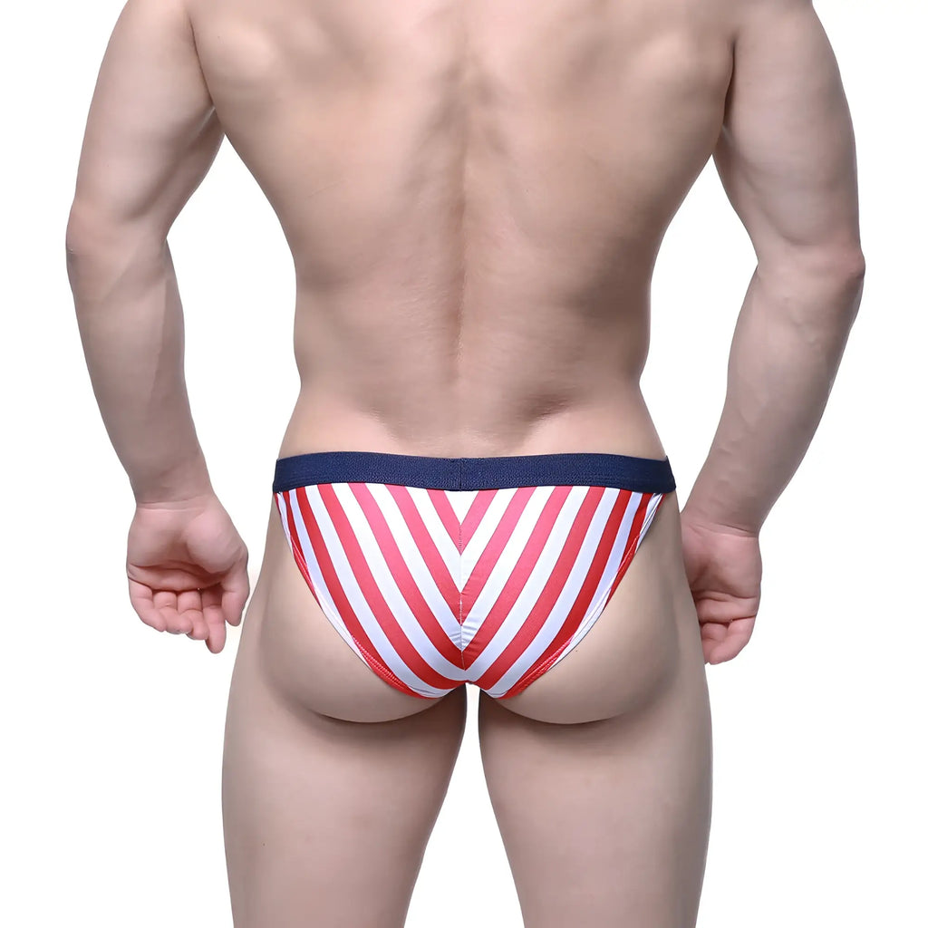 Red and white striped men’s briefs with navy blue waistband metroMalewear caramelo bikini red 6117-40