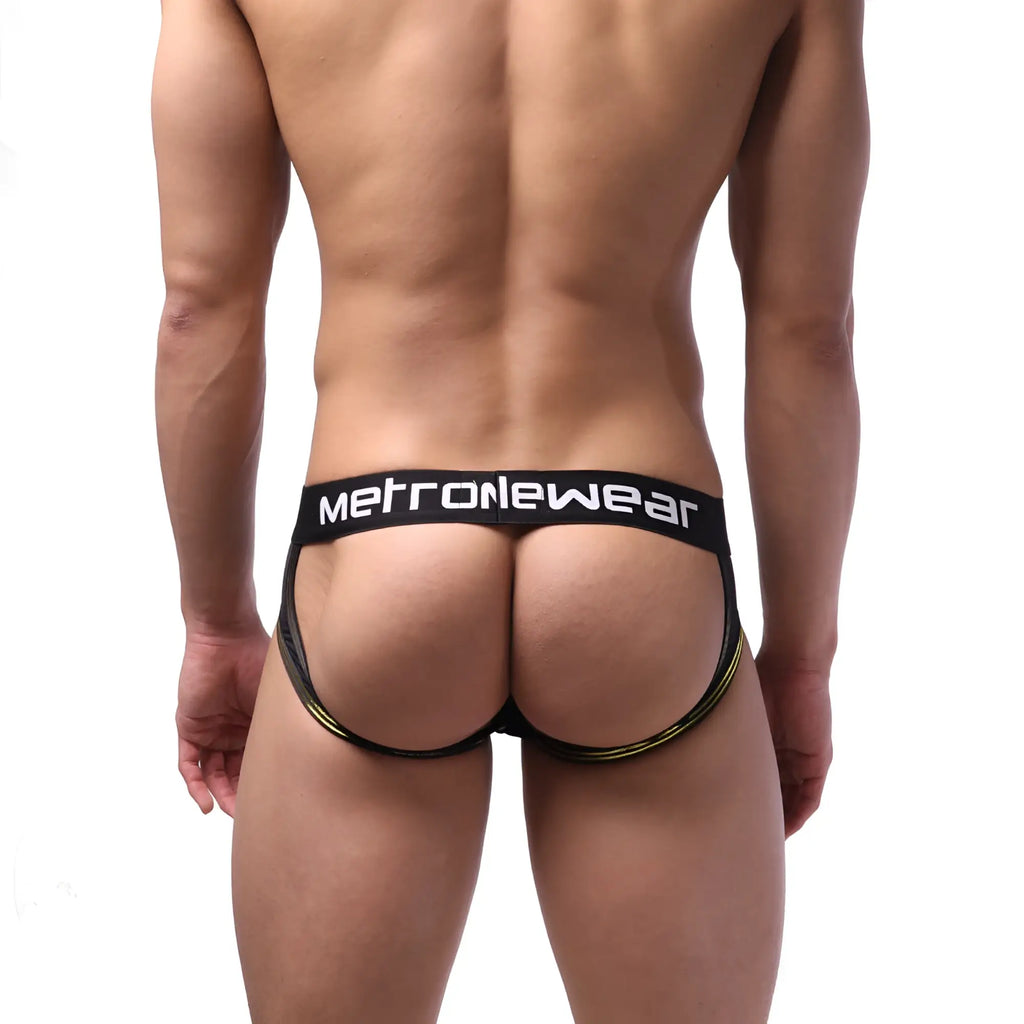 MetroMaleWear Carioca Jock Strap black with gold metallic trim sleek form-fitting black briefs for men