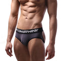 Black athletic briefs with white stromalewear logo on waistband from metro malewear carioca jock strap charcoal 1401-11