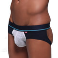 Black and white mesh briefs with blue trim and anvil waistband label from metromalewear carioca jock strap navy 1401-28