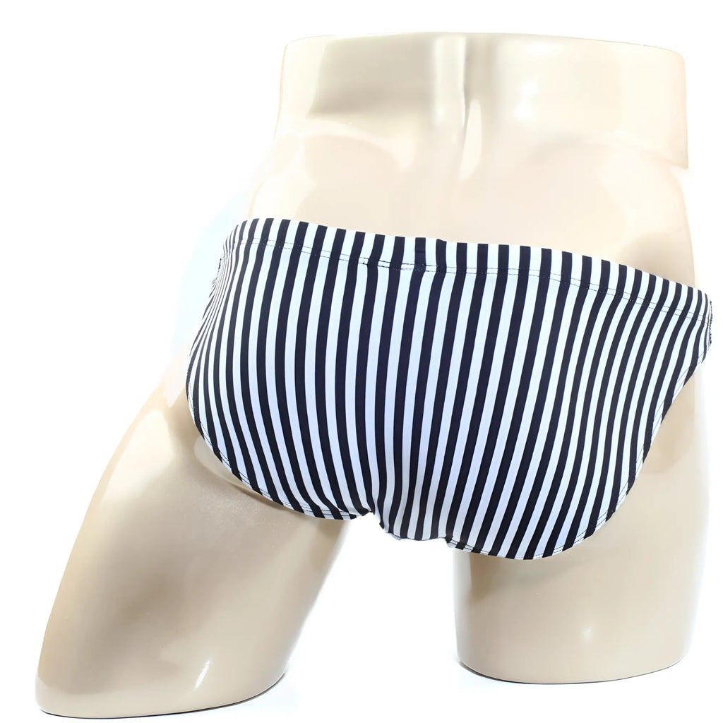 Metro male wear carousel swim bikini 4937-55 black and white vertically striped men’s swim trunks on mannequin