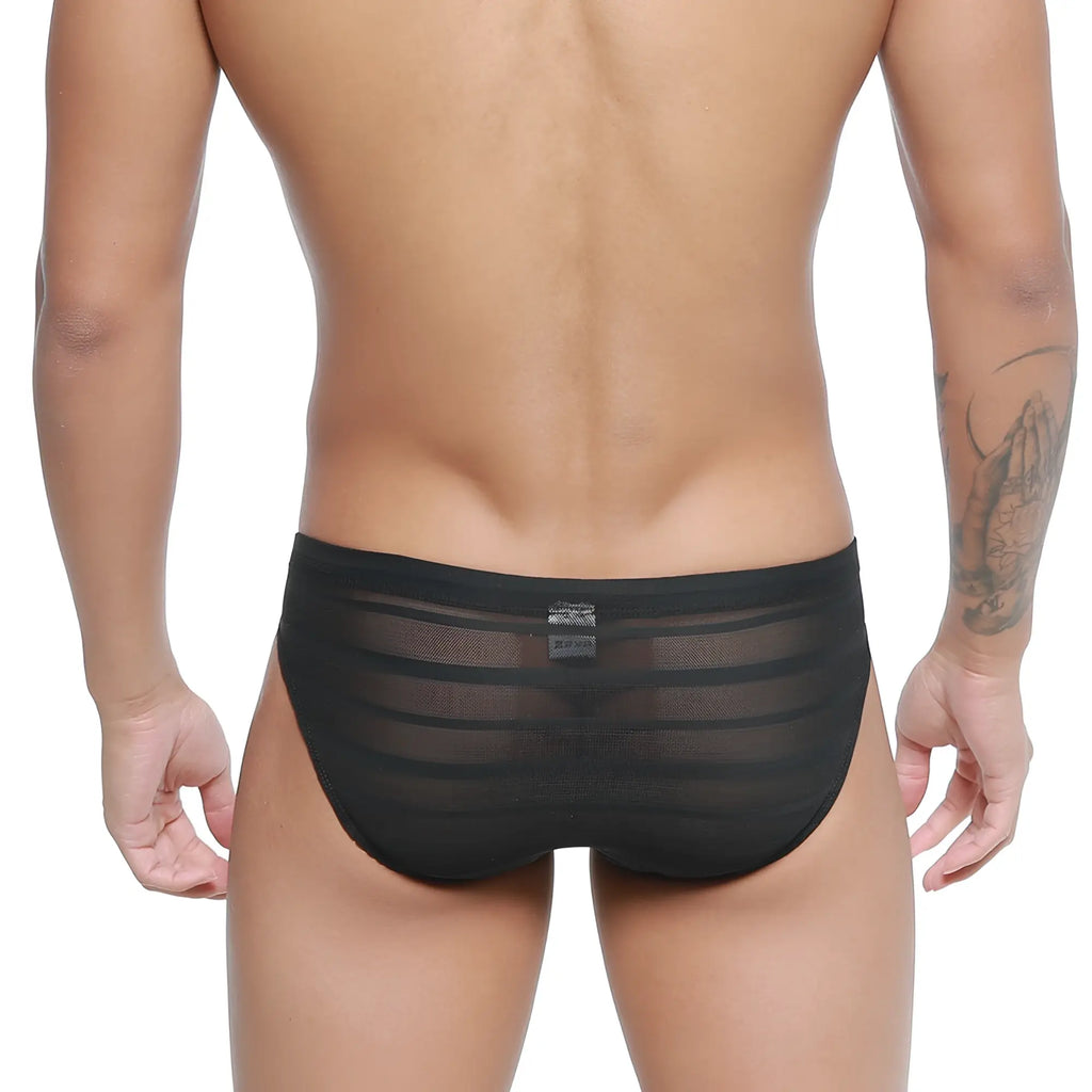 Black sheer mesh briefs with horizontal striped pattern from metromalewear carril bikini 5103-m33 front view