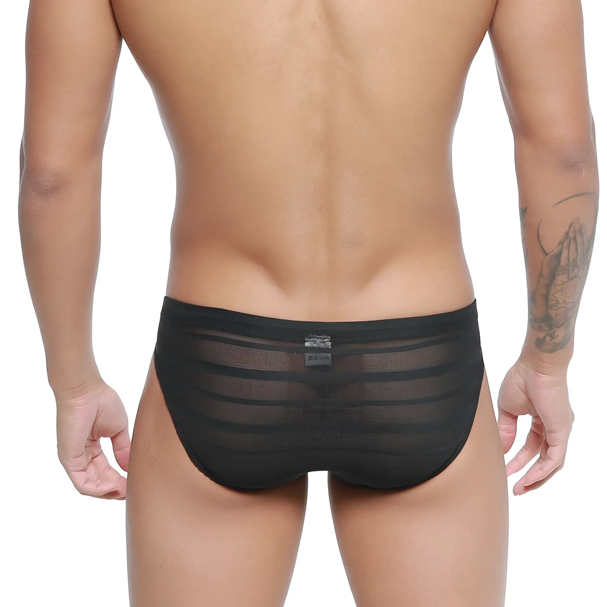 Black sheer mesh briefs with horizontal striped pattern from metromalewear carril bikini 5103-m33 front view