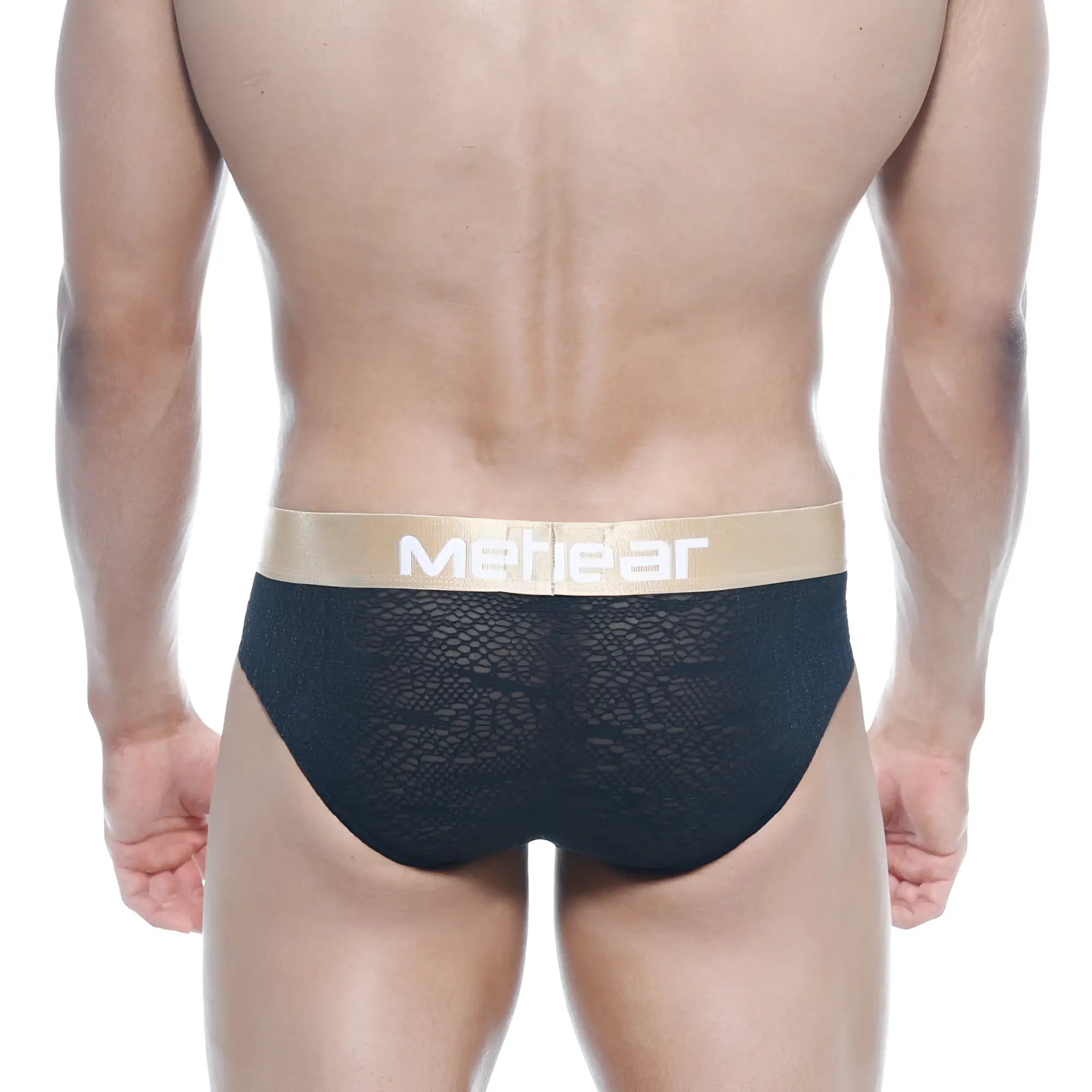 Black lace mens briefs with gold waistband and mehear branding metroMalewear carve hip brief black 5003-61