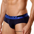 Navy blue textured carve hip briefs with bold blue and black metromalewear elastic waistband for comfortable wear
