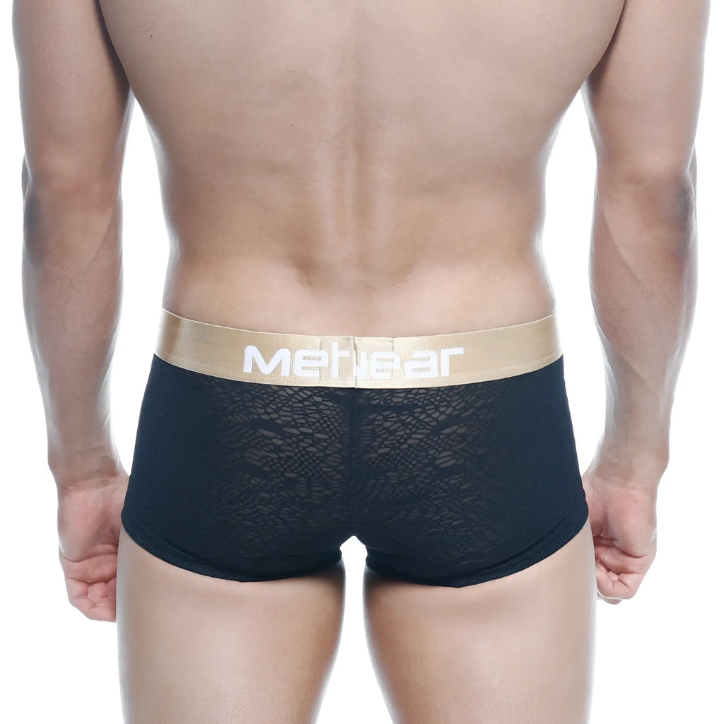 Black lace men’s briefs with gold meticar waistband from MetroMaleWear carve short boxer 7 inch black 2022 61