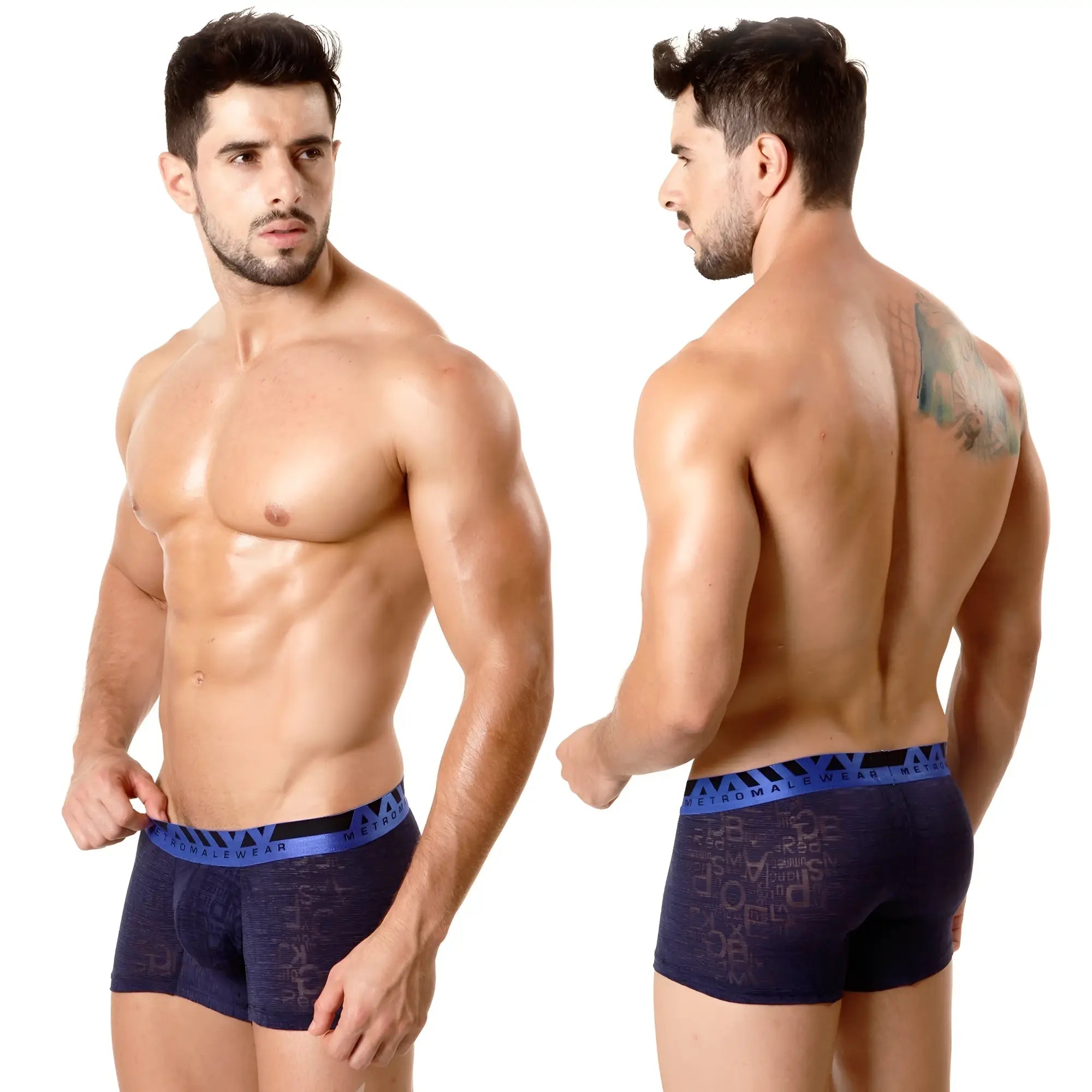 MetroMaleWear carve short boxer navy briefs with textured fabric and bright blue branded metallwear waistband