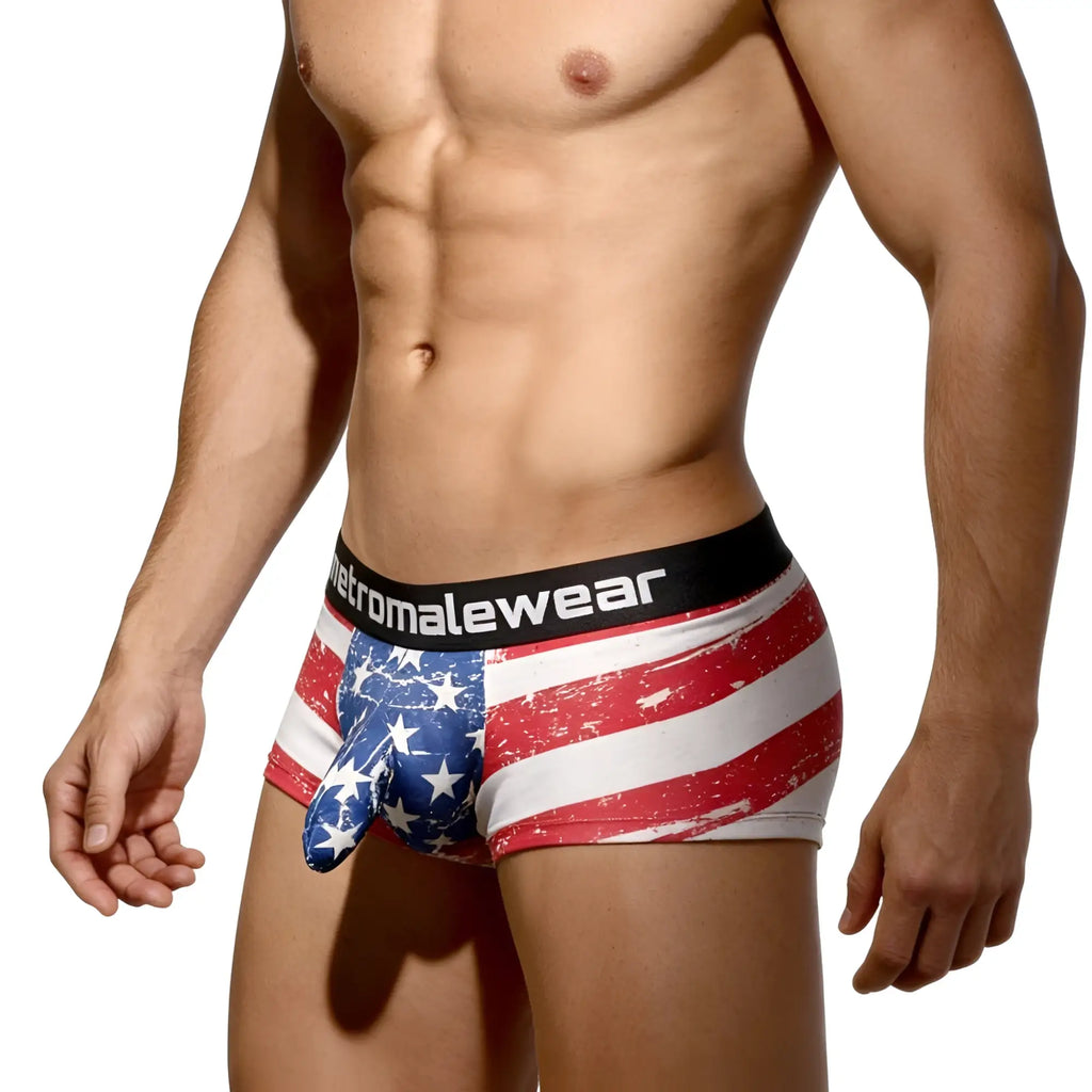 Men’s briefs with american flag distressed design and black waistband branded metromalewear metroMalewear castro trunk batalla 2213-92