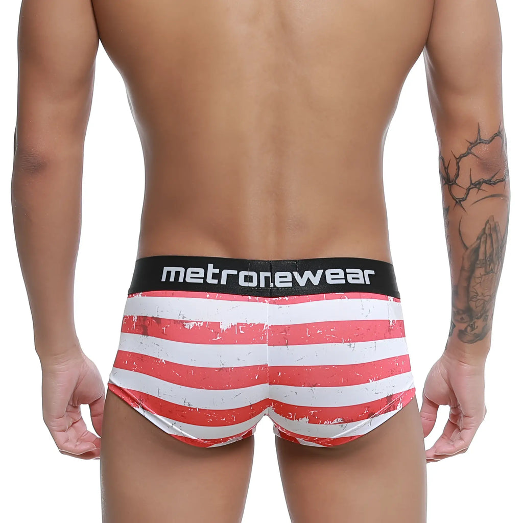 Red and white striped distressed men’s briefs with black metronewear waistband metroMalewear castro trunk batalla 2213-92