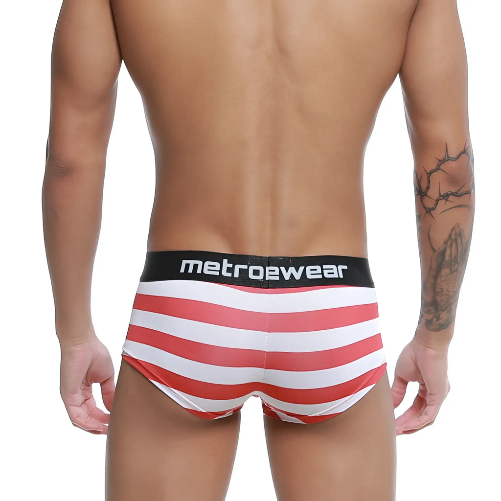 Red and white striped men’s briefs with black metrowear waistband metroMalewear castro trunk patriot 2213-90
