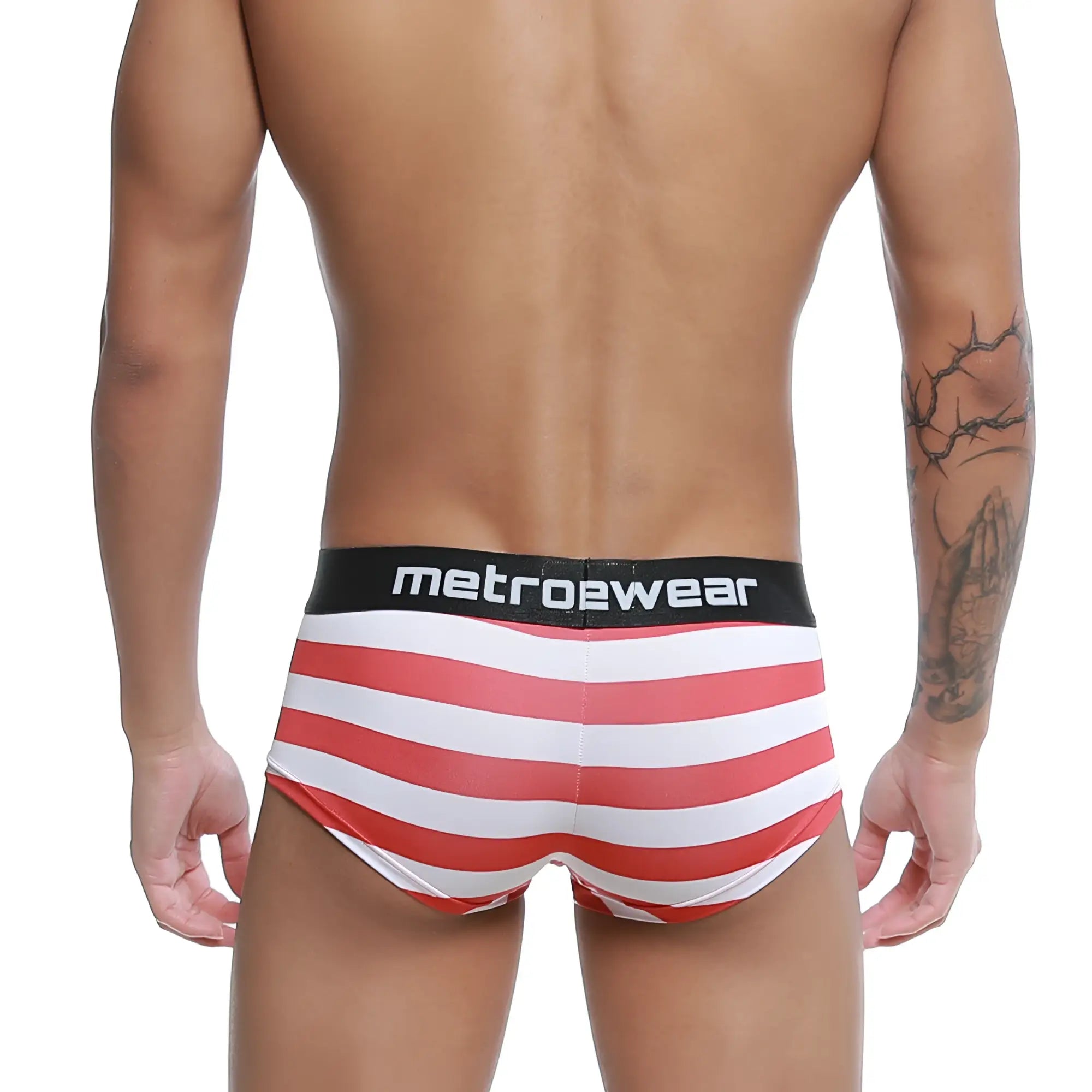 Red and white striped men’s briefs with black metrowear waistband metroMalewear castro trunk patriot 2213-90