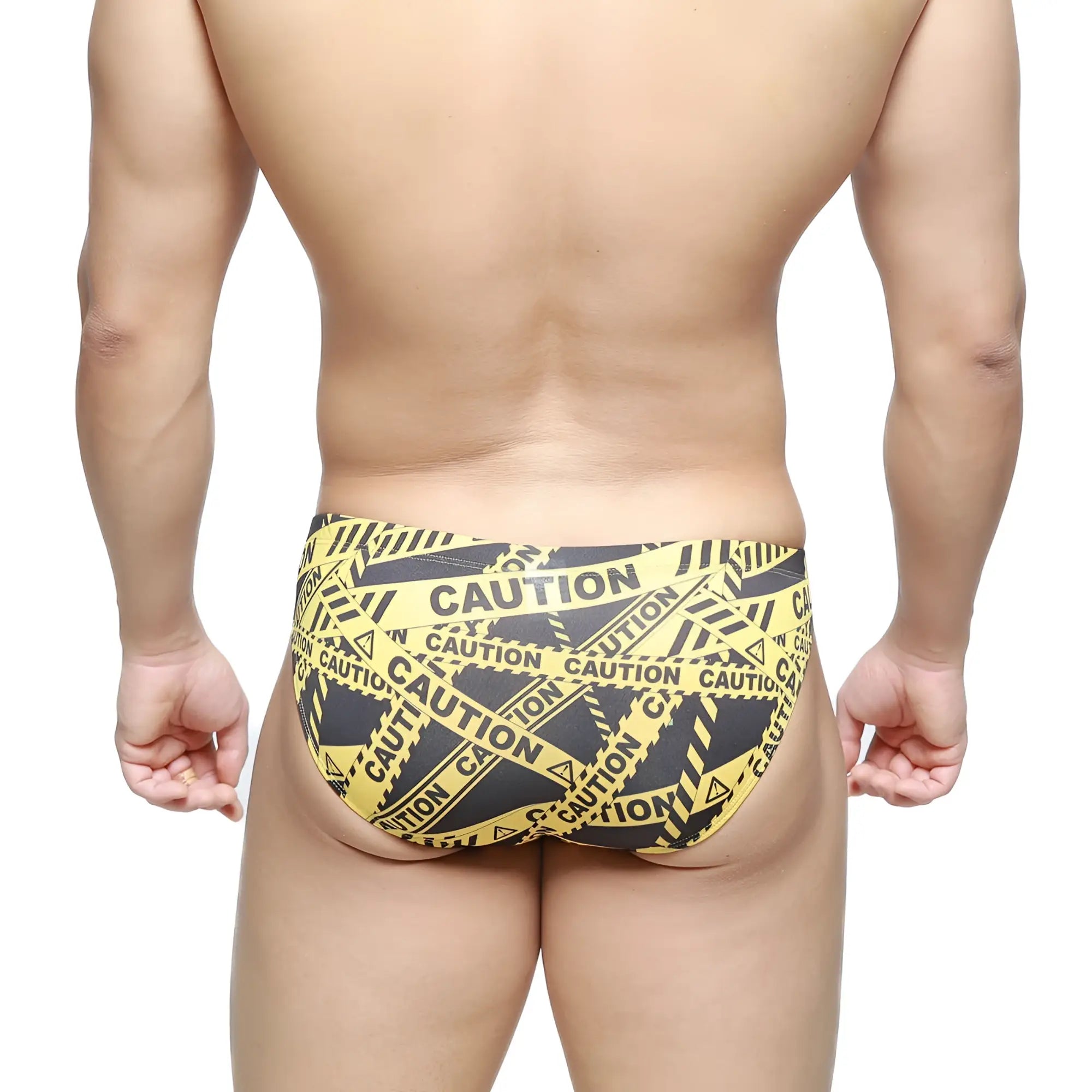 MetroMaleWear caution bikini black 5103-M61 swim trunks with yellow and black caution tape pattern