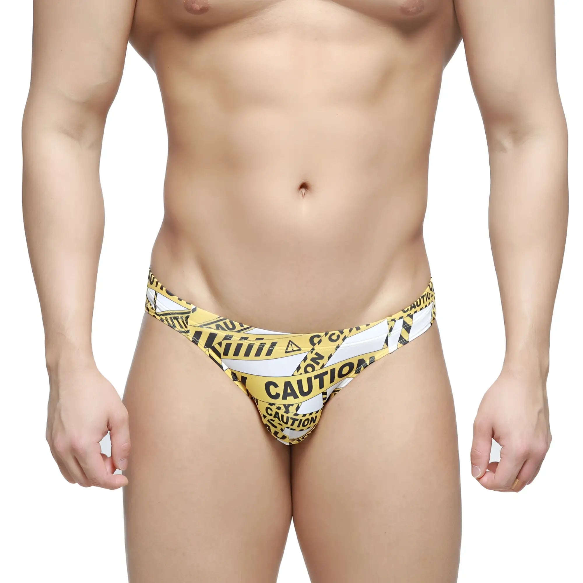 Metro male wear caution bikini white 5103-m60 swim trunks with yellow and black caution tape pattern