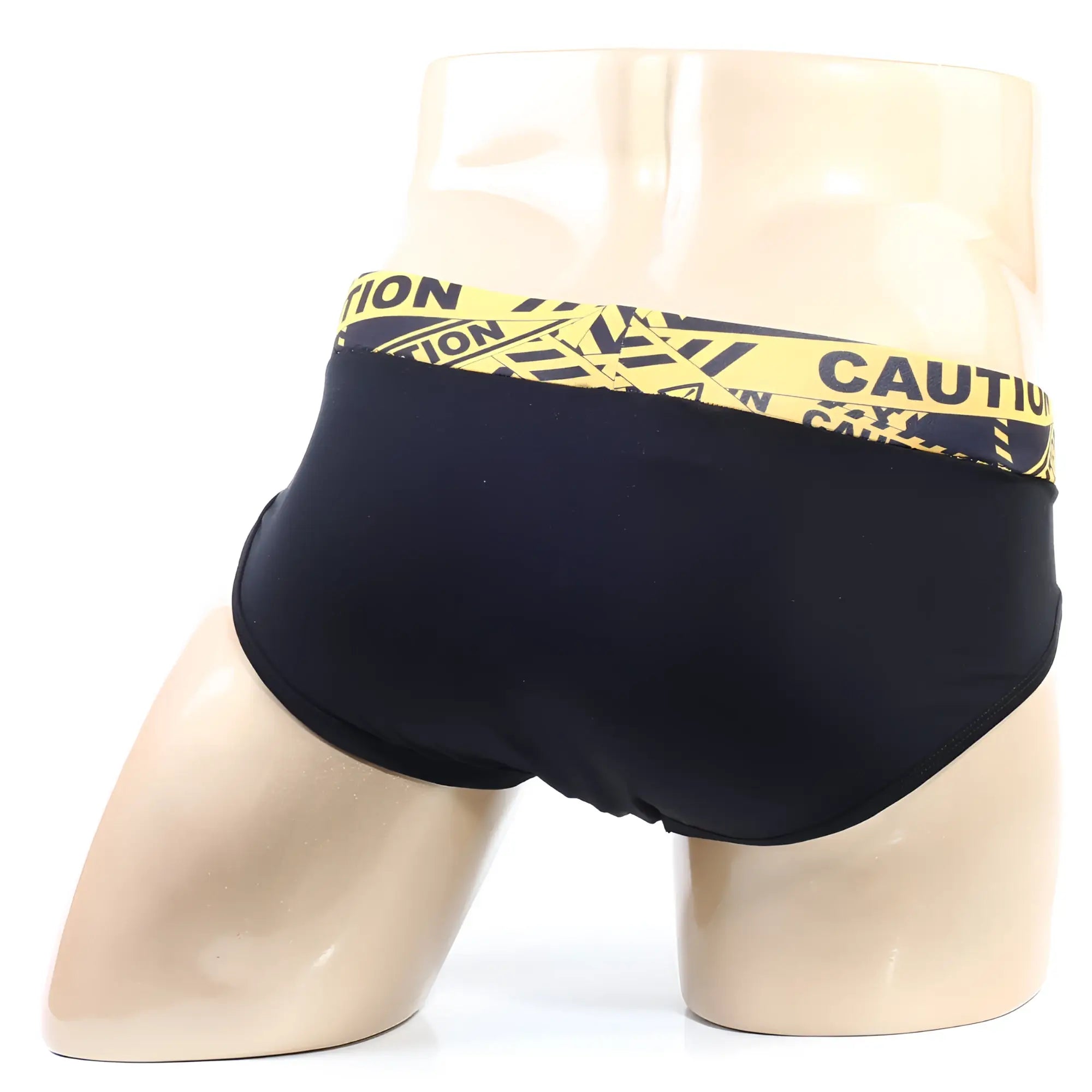 MetroMalewear caution brief 5203-60 black swim trunks with bold yellow caution tape patterned waistband