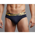 Navy blue MetroMaleWear Caution Brief 5203-60 with yellow and black caution tape patterned waistband front view
