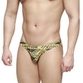 Men’s lowrise bikini briefs by metromalewear in yellow and black caution tape pattern with comfortable fabric