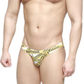 Metro male wear caution lowrise bikini thong in yellow and white caution tape pattern showing the back side